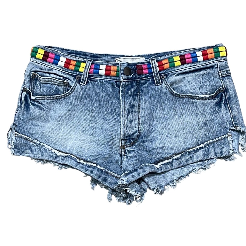 Free People Light Blue Denim Jean Shorts with Multicolor Beaded Waistband